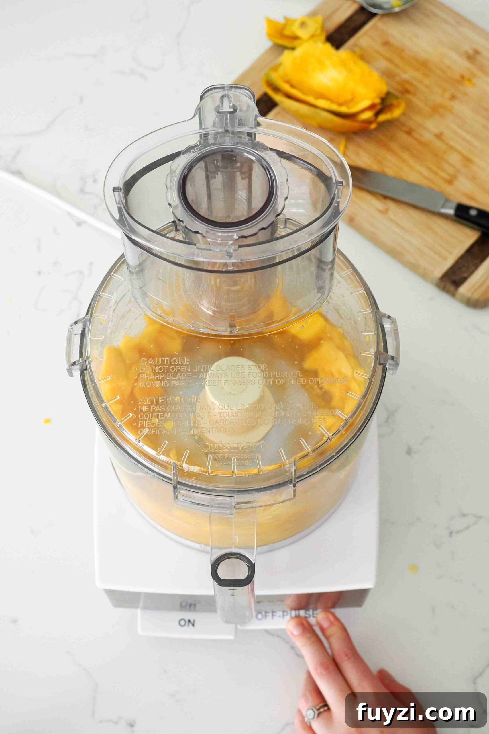 A food processor blends mango.