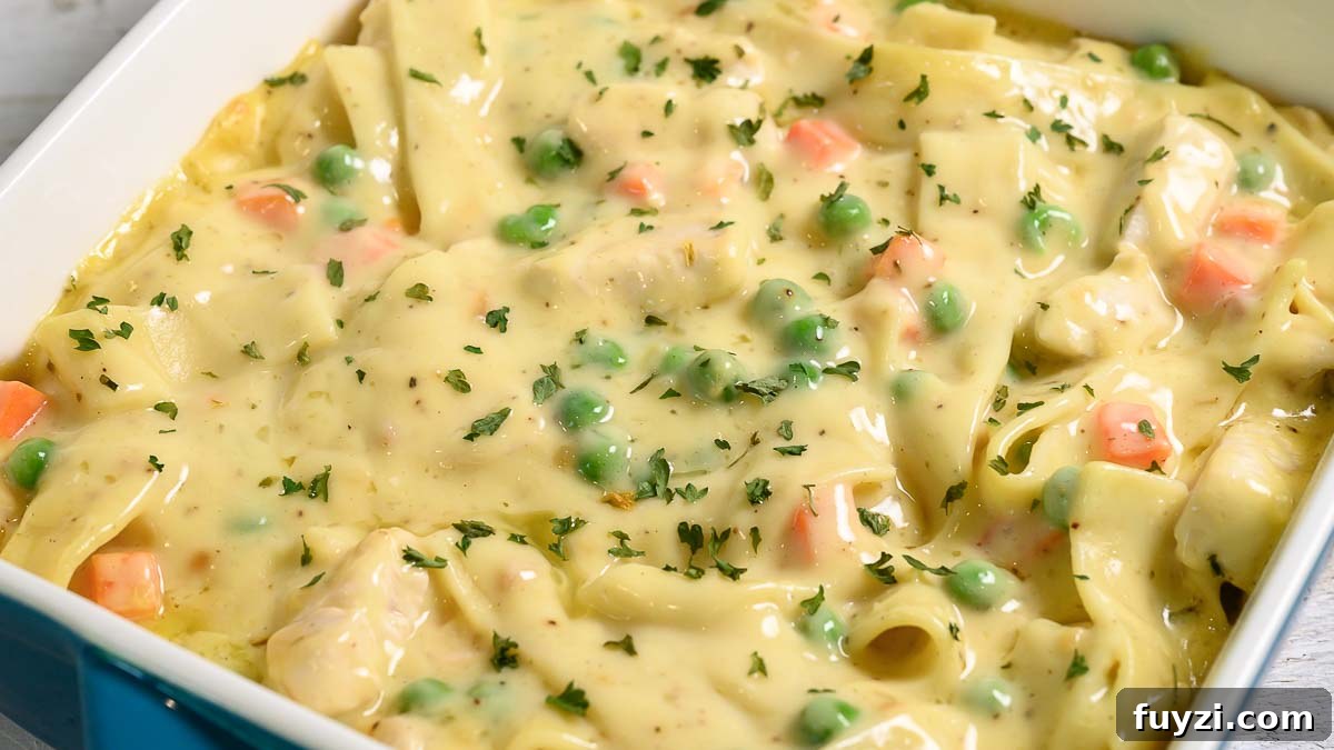 Creamy Chicken Noodle Casserole with Golden Crust 6 Creamy Chicken Noodle Casserole in a baking dish.