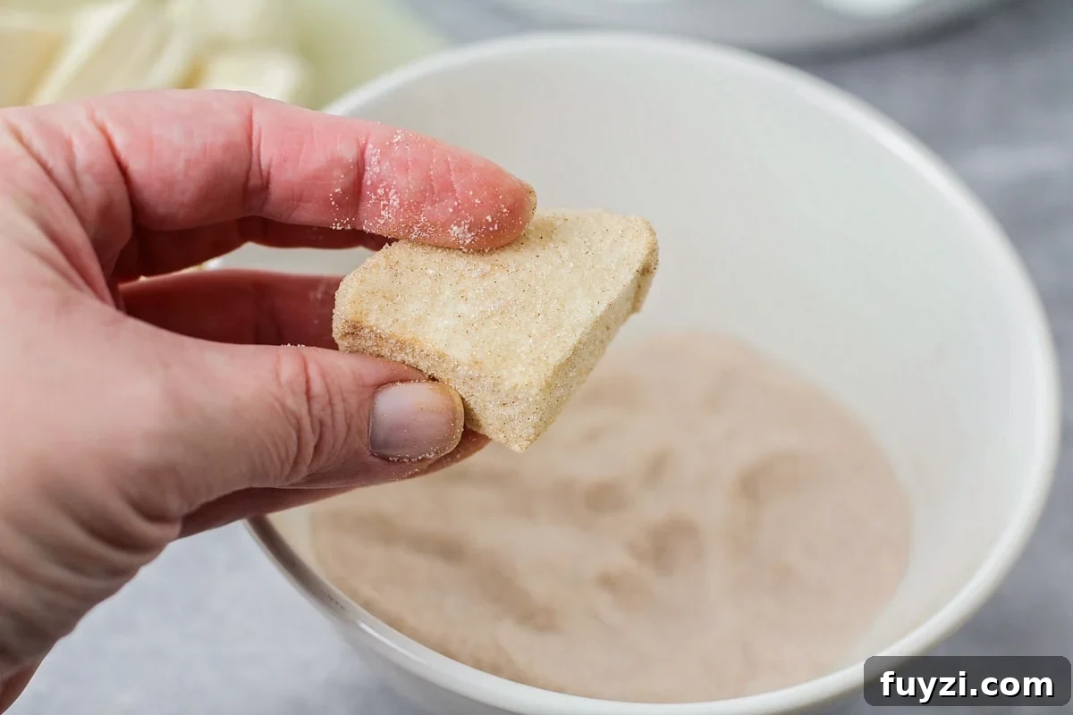 Cinnamon Sugar Bites Recipe: Bite-Sized Cinnamon Treats 2 Dipping biscuits into cinnamon mixture to make cinnamon bites.