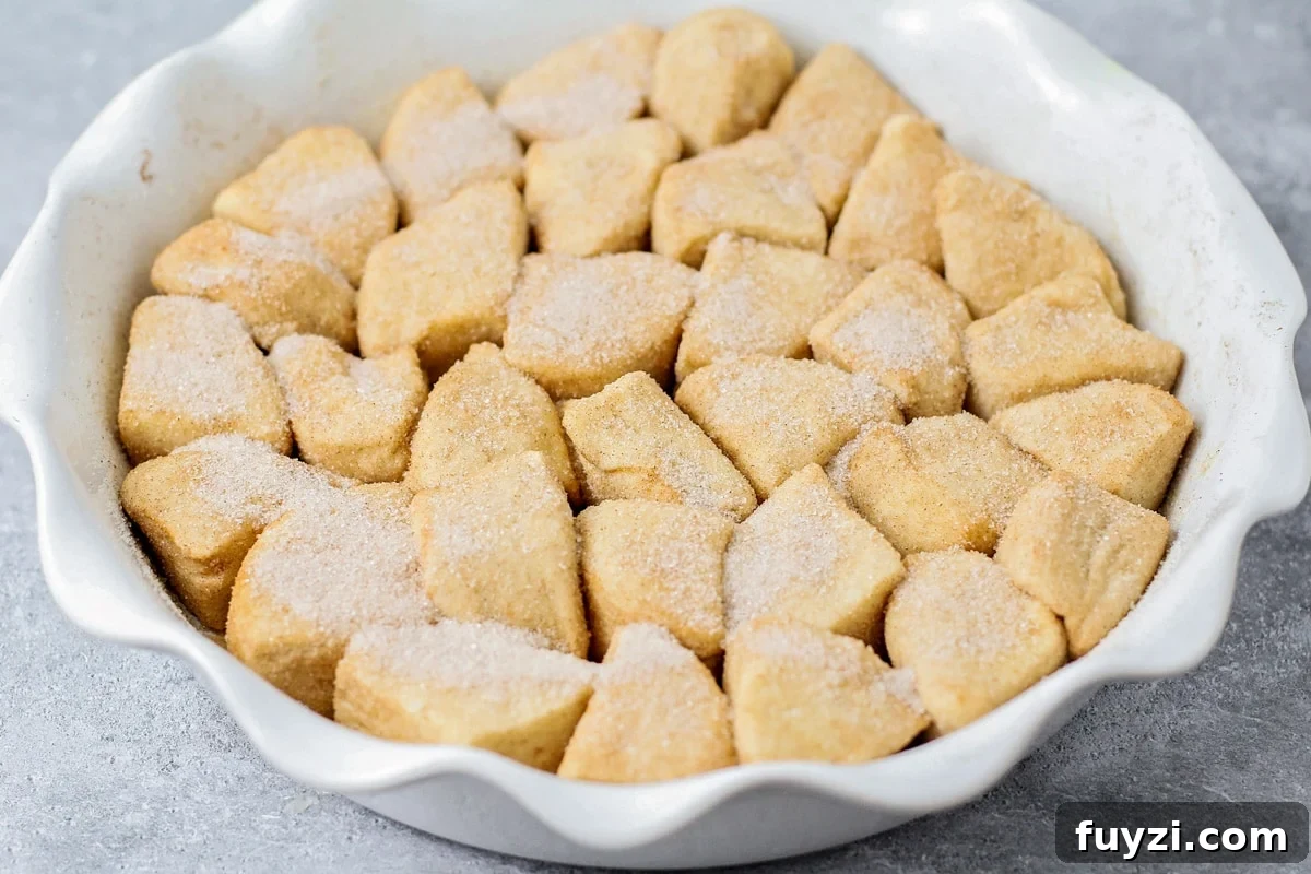 Cinnamon Sugar Bites Recipe: Bite-Sized Cinnamon Treats 3 Cinnamon bites in a pie plan ready for baking.