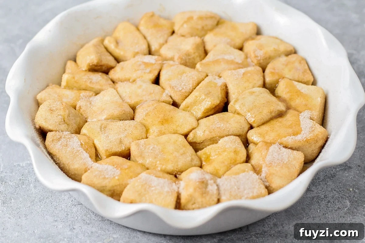 Cinnamon Sugar Bites Recipe: Bite-Sized Cinnamon Treats 4 Cinnamon bites drizzled with butter and ready for baking.