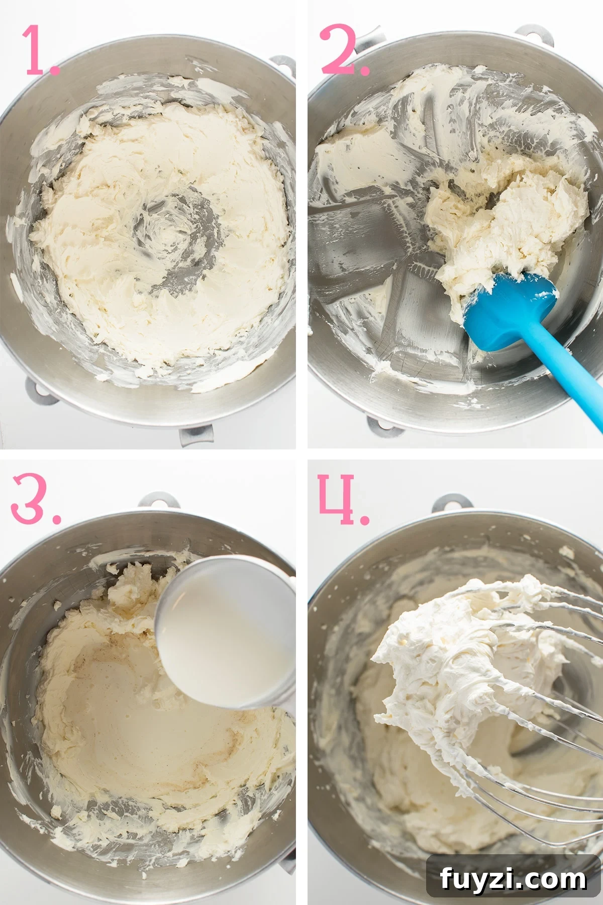 Low-Carb Red Velvet Cake Recipe with Cream Cheese Frosting 10 a four panel photo showing the steps to make fluffy low carb cream cheese frosting.