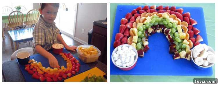 little boy making fruit platter