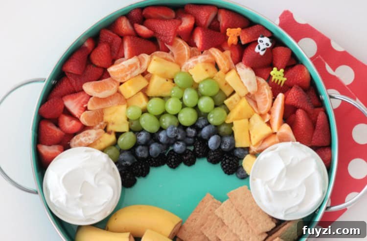 rainbow fruit platter with cool whip for dipping