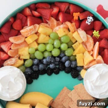 rainbow fruit platter with cool whip for dipping