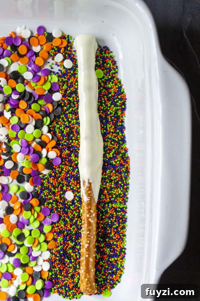 Halloween pretzels in sprinkles