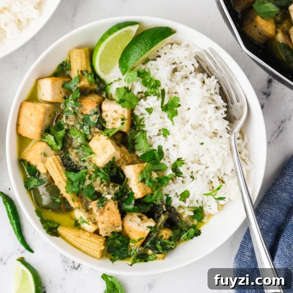 Overhead image of Thai green curry with tofu served with jasmine rice on a white plate.