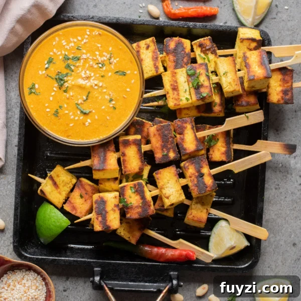 An overhead image of authentic tofu satay on a grill pan with peanut sauce on the side.