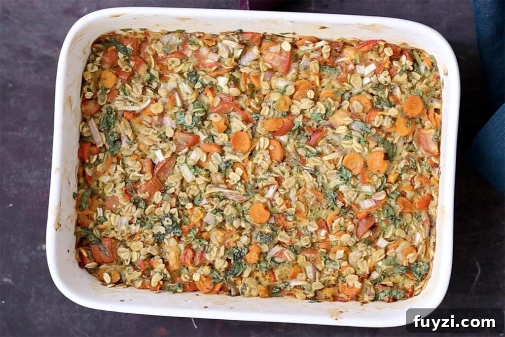 Savory Vegan Baked Oats with Roasted Vegetables 11 savory baked veggie oats in the pan after baking