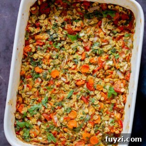 Savory Vegan Baked Oats with Roasted Vegetables 5 savory baked oats mixed up in the pan before baking