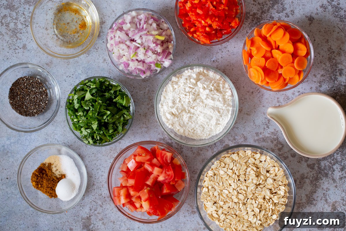 Savory Vegan Baked Oats with Roasted Vegetables 6 oats, flour, veggies, and spices in cups on a kitchen counter