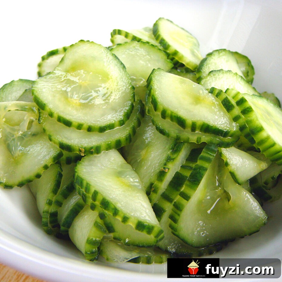 Cucumber Salad Recipe with Dill and Red Onion 3 Close-up of cucumber salad with pickled juices and thinly sliced onions.