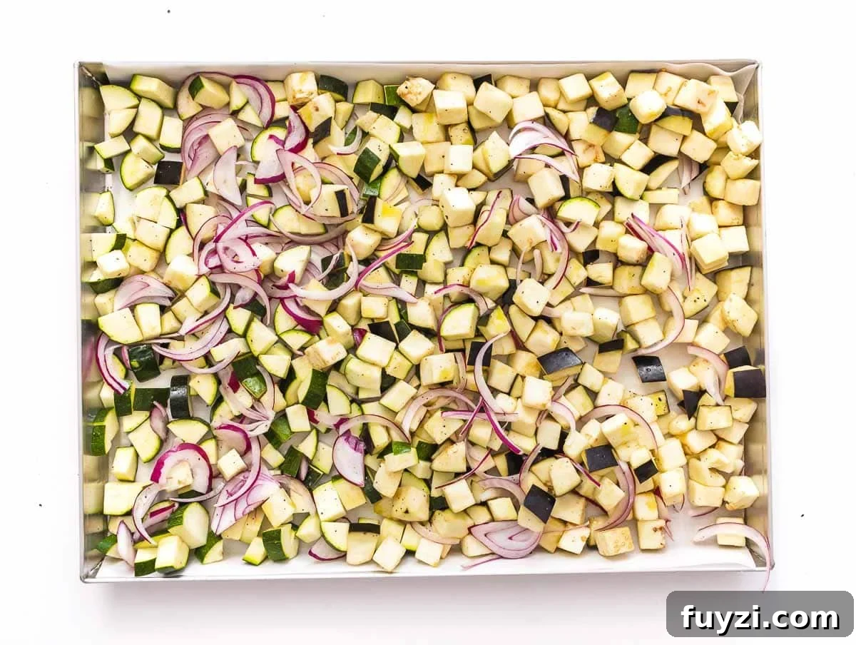 diced veggies on a baking tray