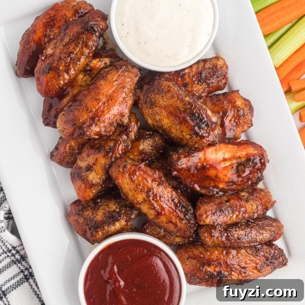 Grilled Chicken Wings on a platter with a side of BBQ Sauce and Ranch