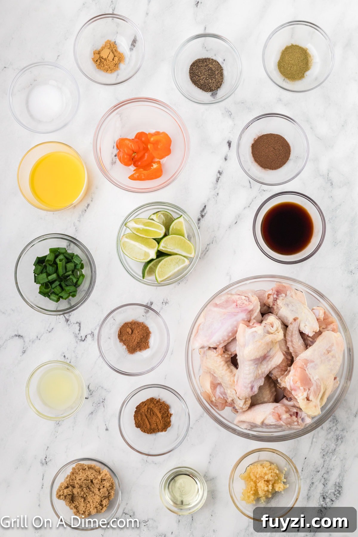 Ingredients - Chicken Wings, allspice, thyme, cinnamon, nutmeg, ginger, pepper, salt, green onions, garlic, habanero peppers, brown sugar, soy sauce, lime juice, vegetable oil, orange juice