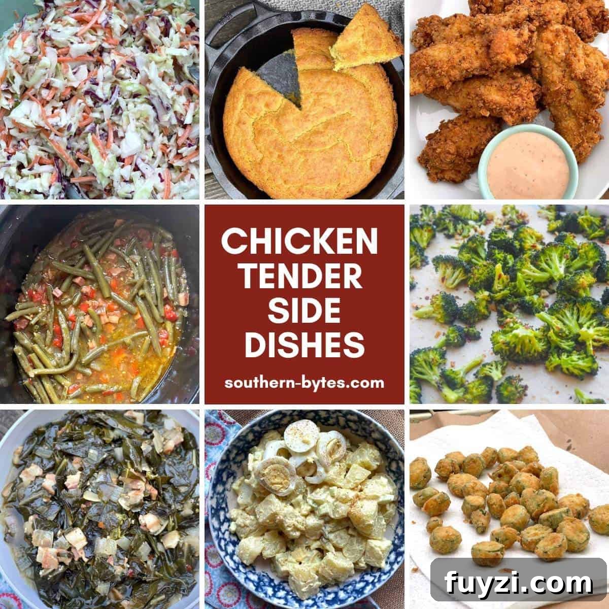 A collage of images showing fried chicken tender side dishes - coleslaw, green beans, veggies, and cornbread.