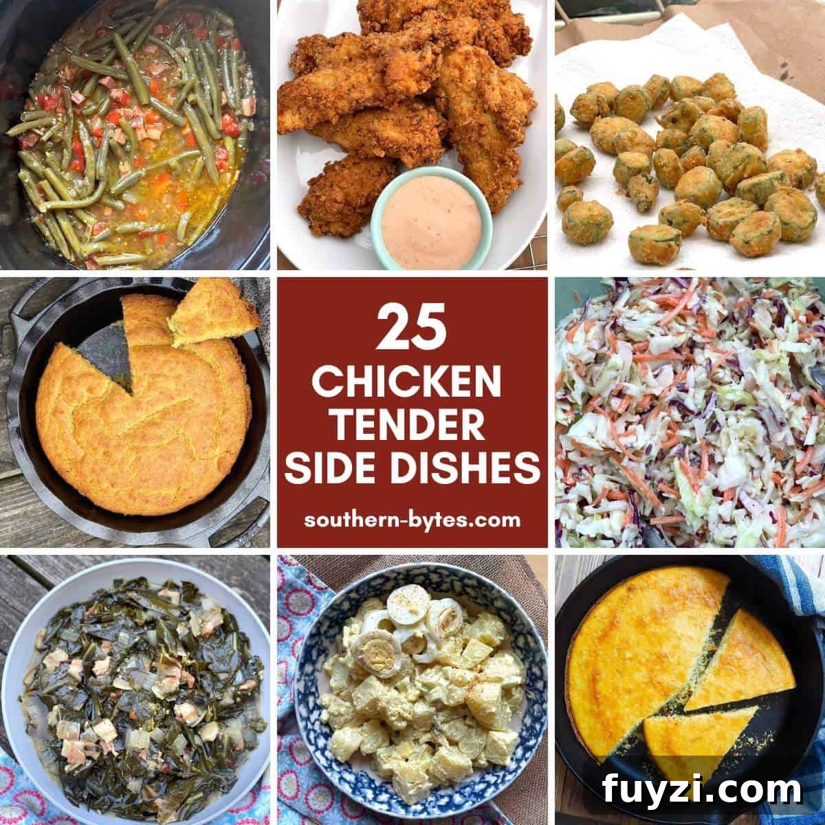 A collage of images showing chicken tender side dishes - cornbread, dipping sauce, coleslaw, green beans, and okra.