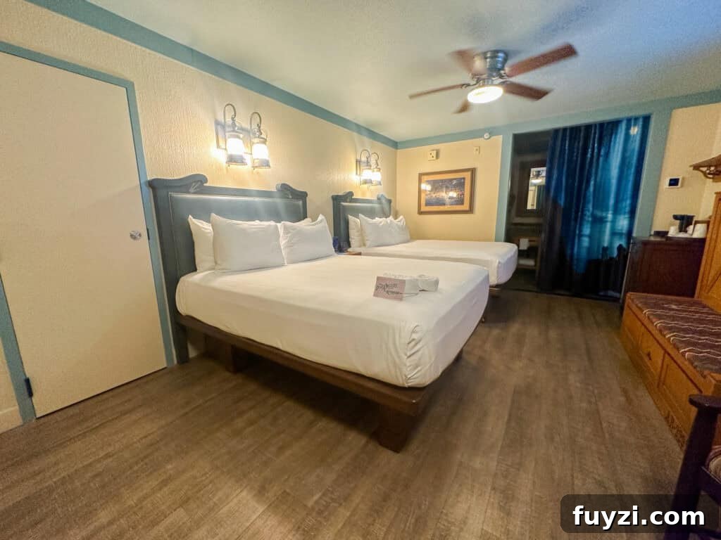 standard room at Port Orleans Riverside with two queen beds and a Murphy bed.