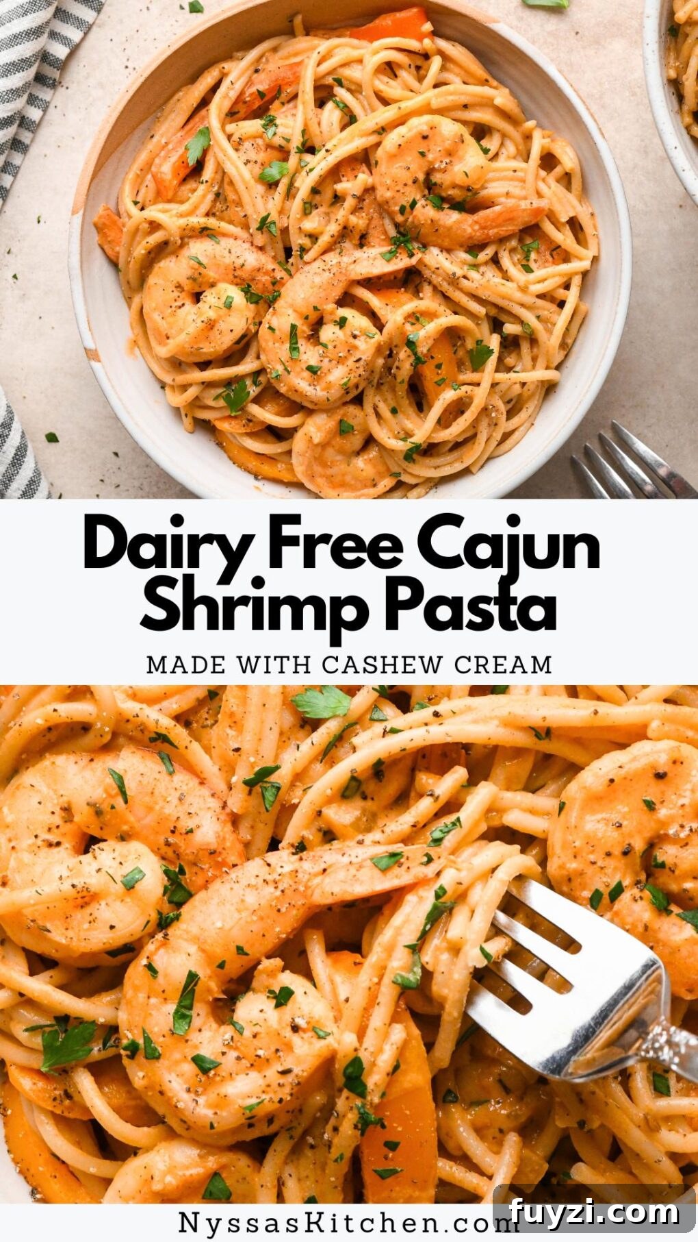 Pinterest pin for dairy free cajun shrimp pasta