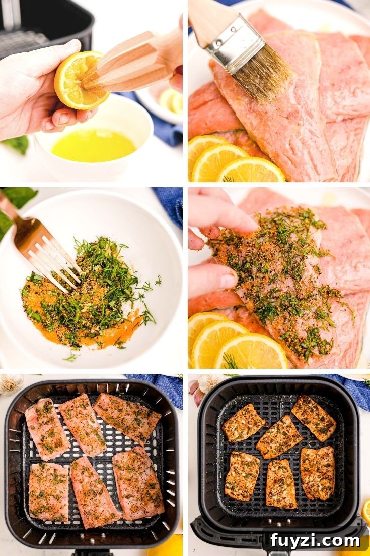 Step by step photo collage showing how to make salmon in the air fryer.