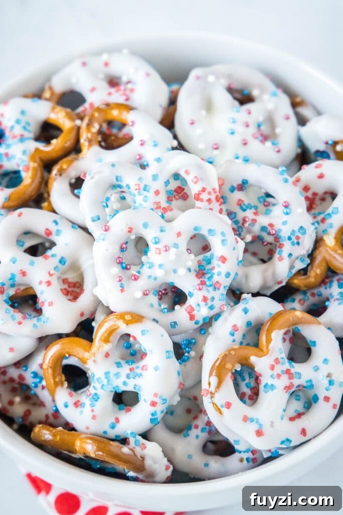 red white and blue pretzels in a white serving bowl