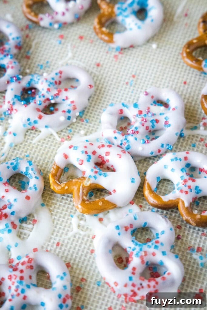 white chocolate on pretzels with sprinkles