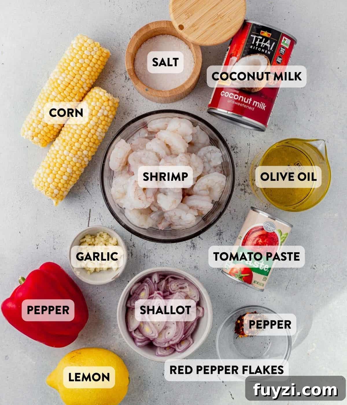 How to Make Creamy Coconut Shrimp 3 creamy coconut shrimp ingredients on a counter.