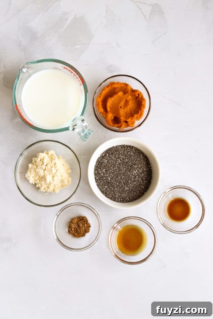 Ingredients for pumpkin chia seed pudding displayed in small bowls on a white kitchen counter