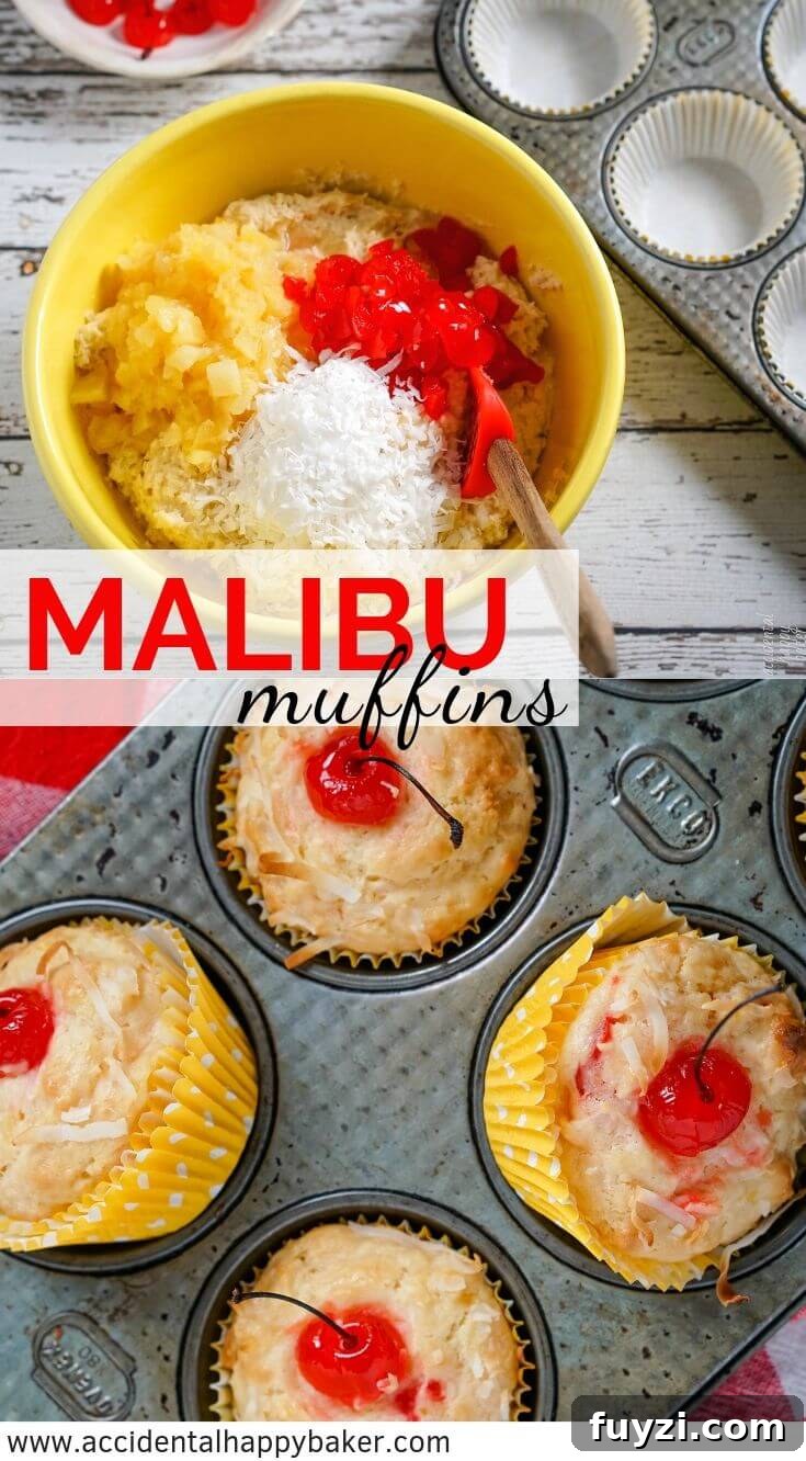 Coconut Rum Malibu Muffins with Pineapple Glaze Recipe 9 Malibu Muffins are full of pineapple, coconut, maraschino cherries, and a hint of rum flavor for a breakfast treat that packs the flavor of summer days sitting beach side. #muffins #pineapple #coconut #tropicalmuffins #accidentalhappybaker