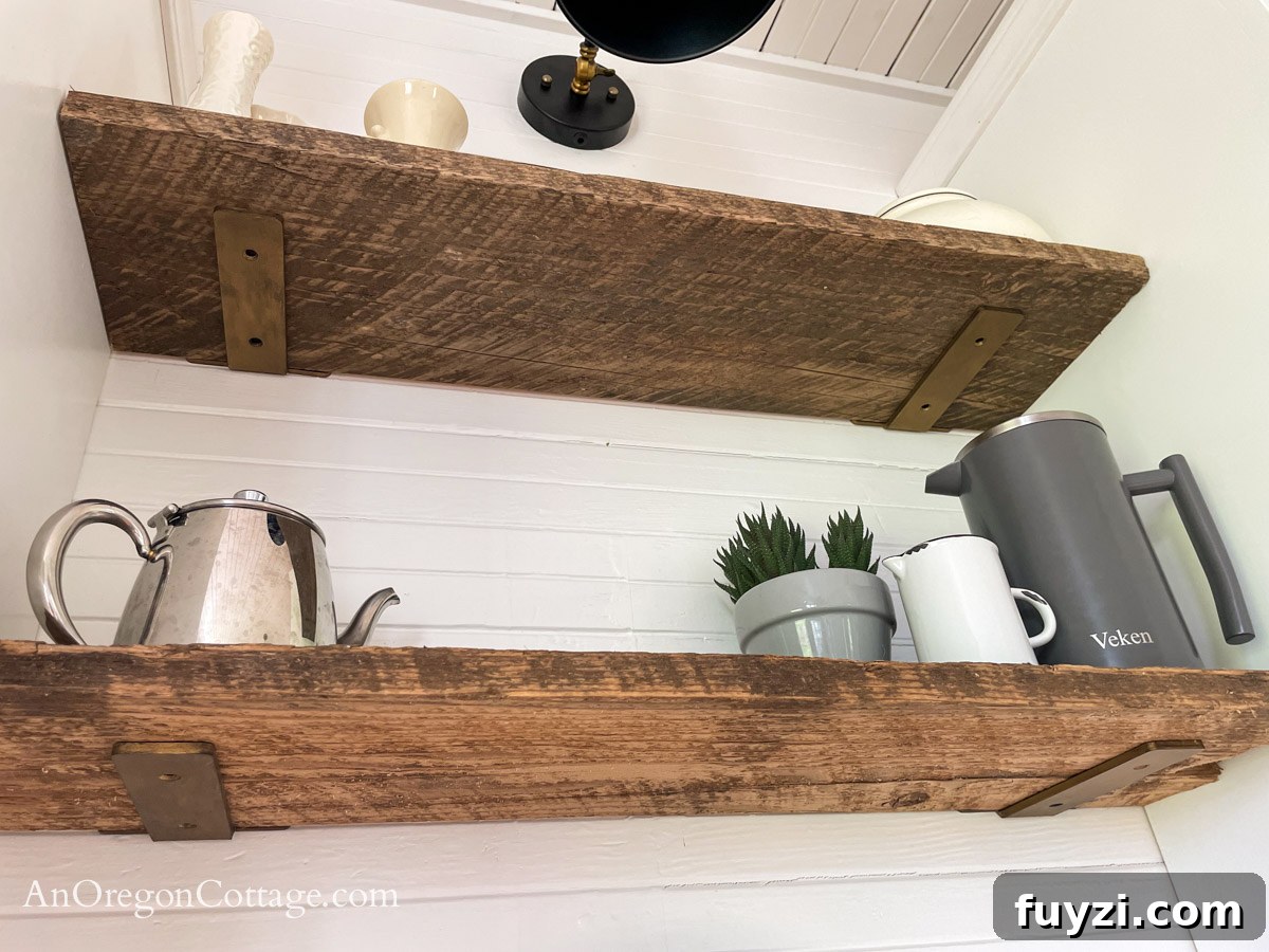 reclaimed wood shelves with floating style brackets from below