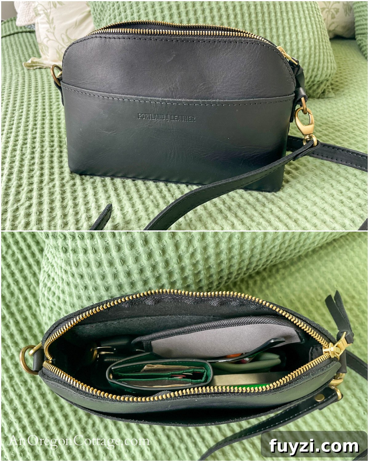 Portland Leather Eclipse Crossbody from front and inside views