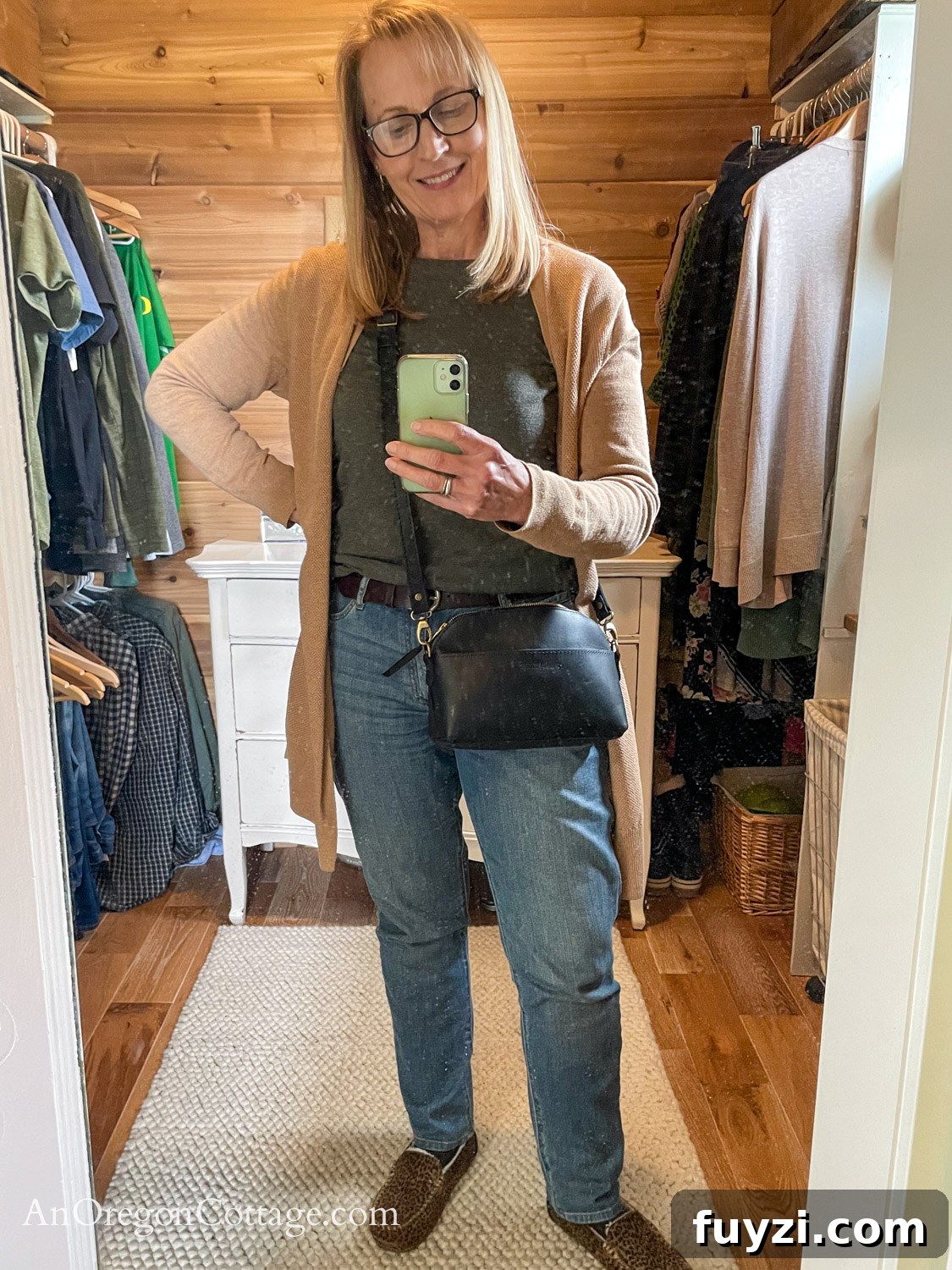 wearing Portland Leather eclipse crossbody bag