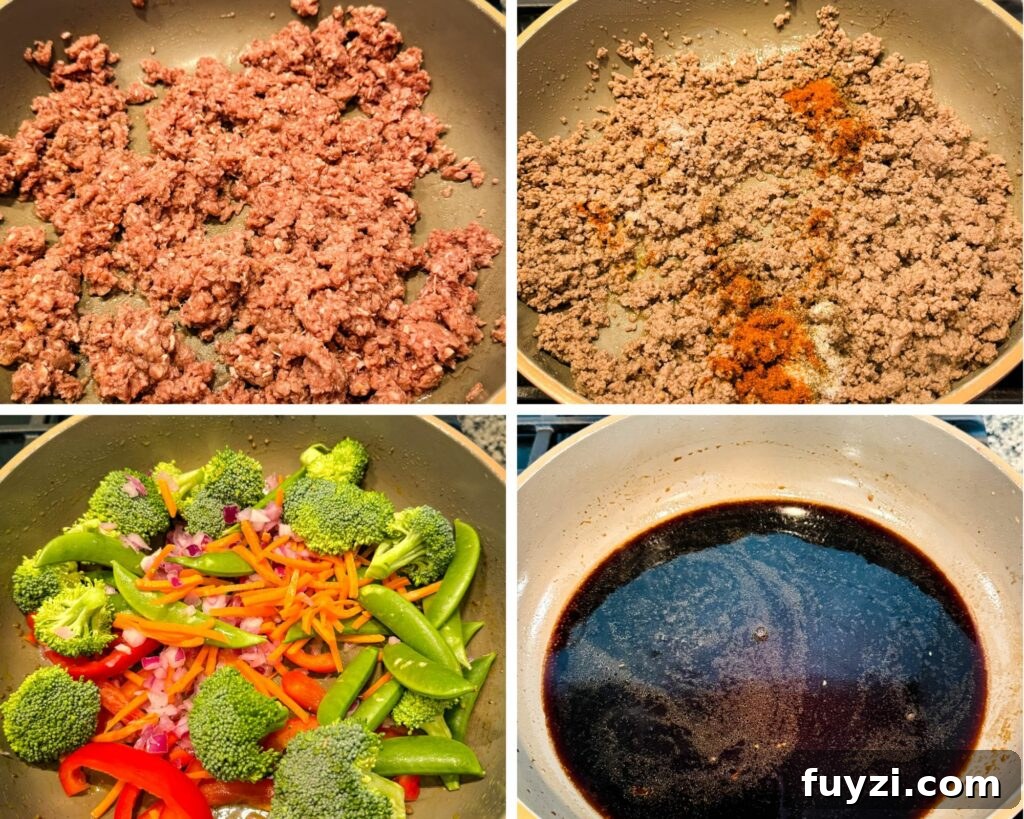 collage of 4 photos with ground beef, vegetables, and a homemade soy sauce in a skillet
