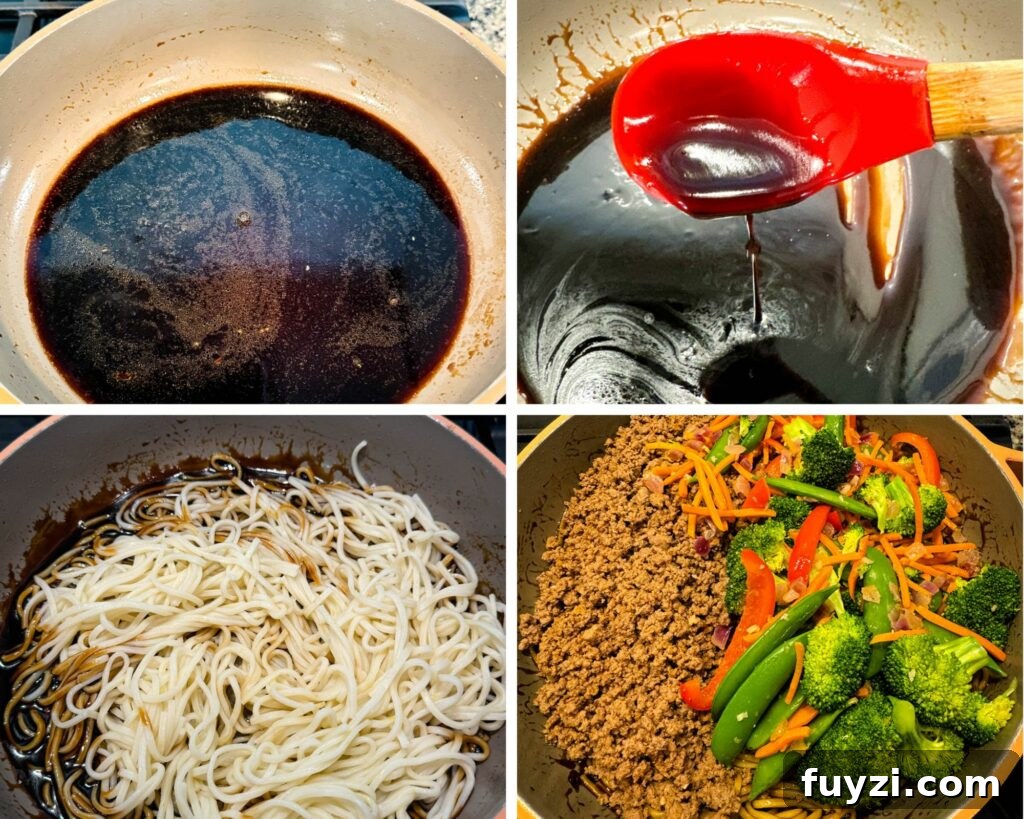 soy sauce and lo mein noodles in a skillet