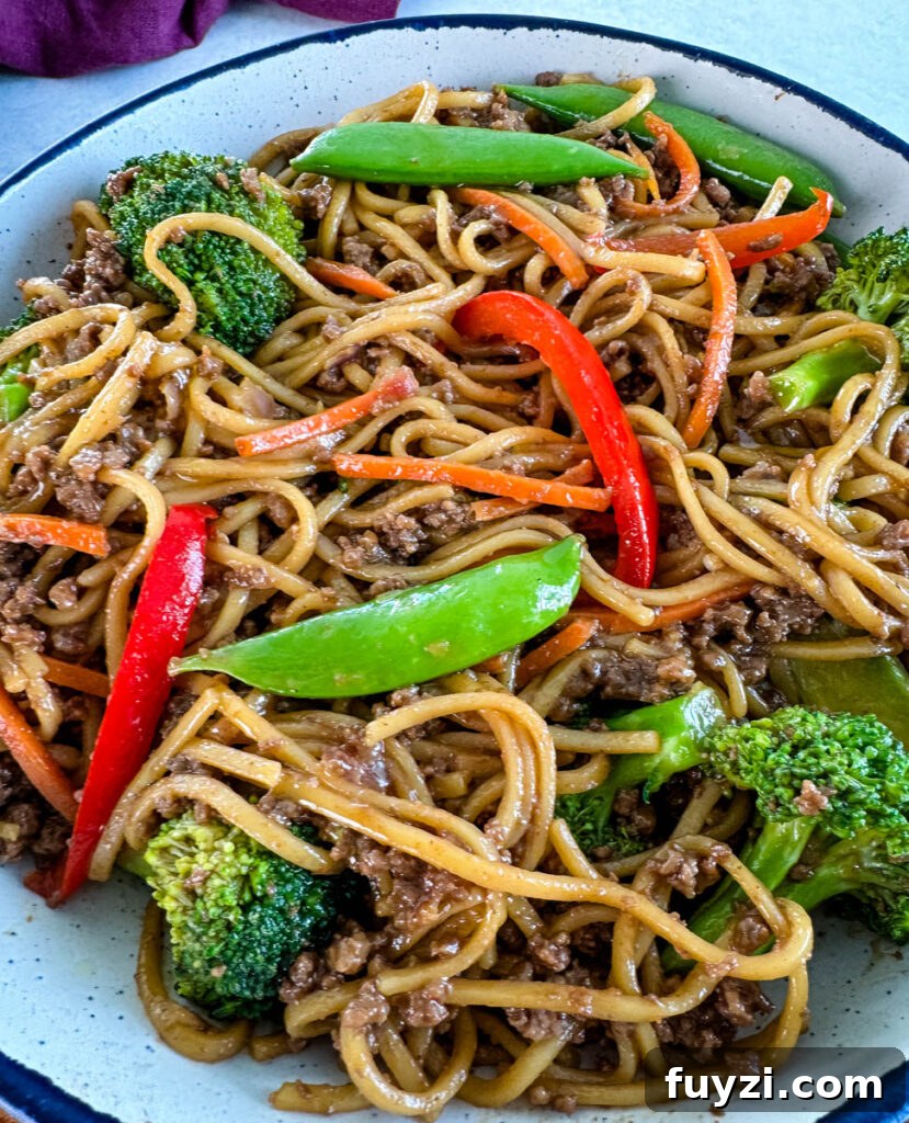 ground beef lo mein and vegetables in a white bowl