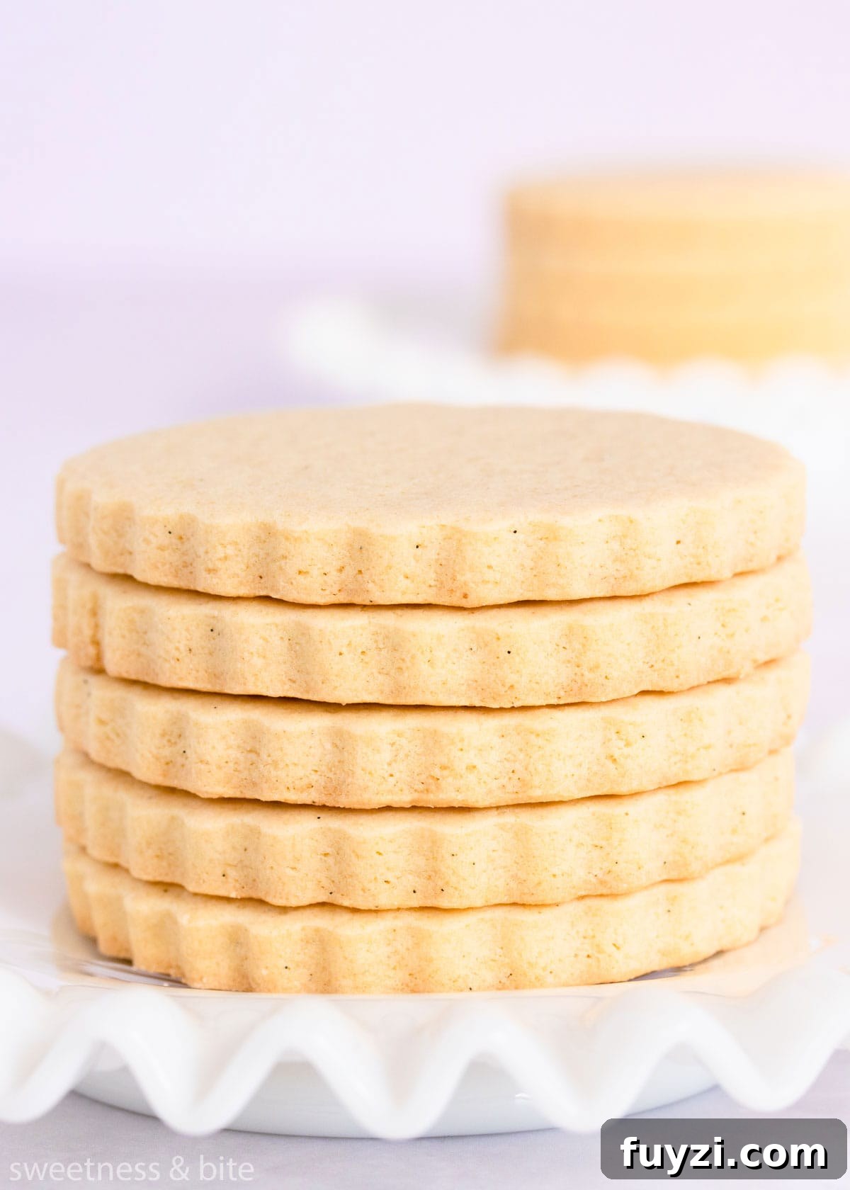 How to Make Soft Gluten-Free Sugar Cookies 6 A stack of gluten free vanilla cookies on a white plate.