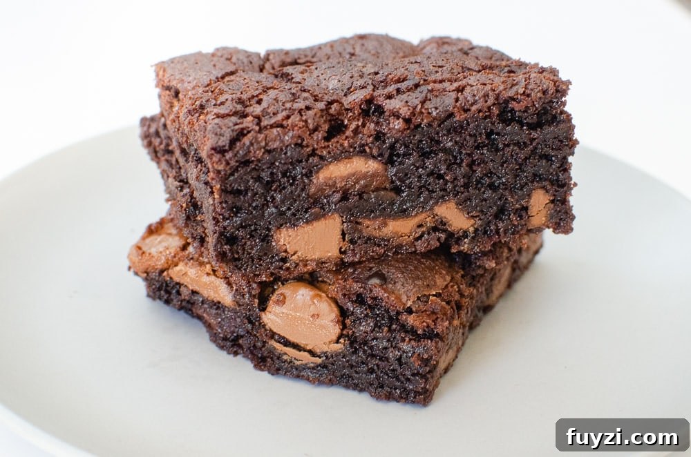 Fudgy Chunky Chocolate Chip Brownies Recipe 2 Chunky Chocolate Chip Brownies on a grey plate