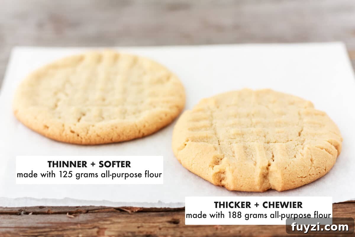 Classic Peanut Butter Cookie Recipe with Natural Peanut Butter 4 Comparing two peanut butter cookies, one made with more flour to create a thicker, chewier cookie, and one made with less flour to create a thinner, softer cookie.