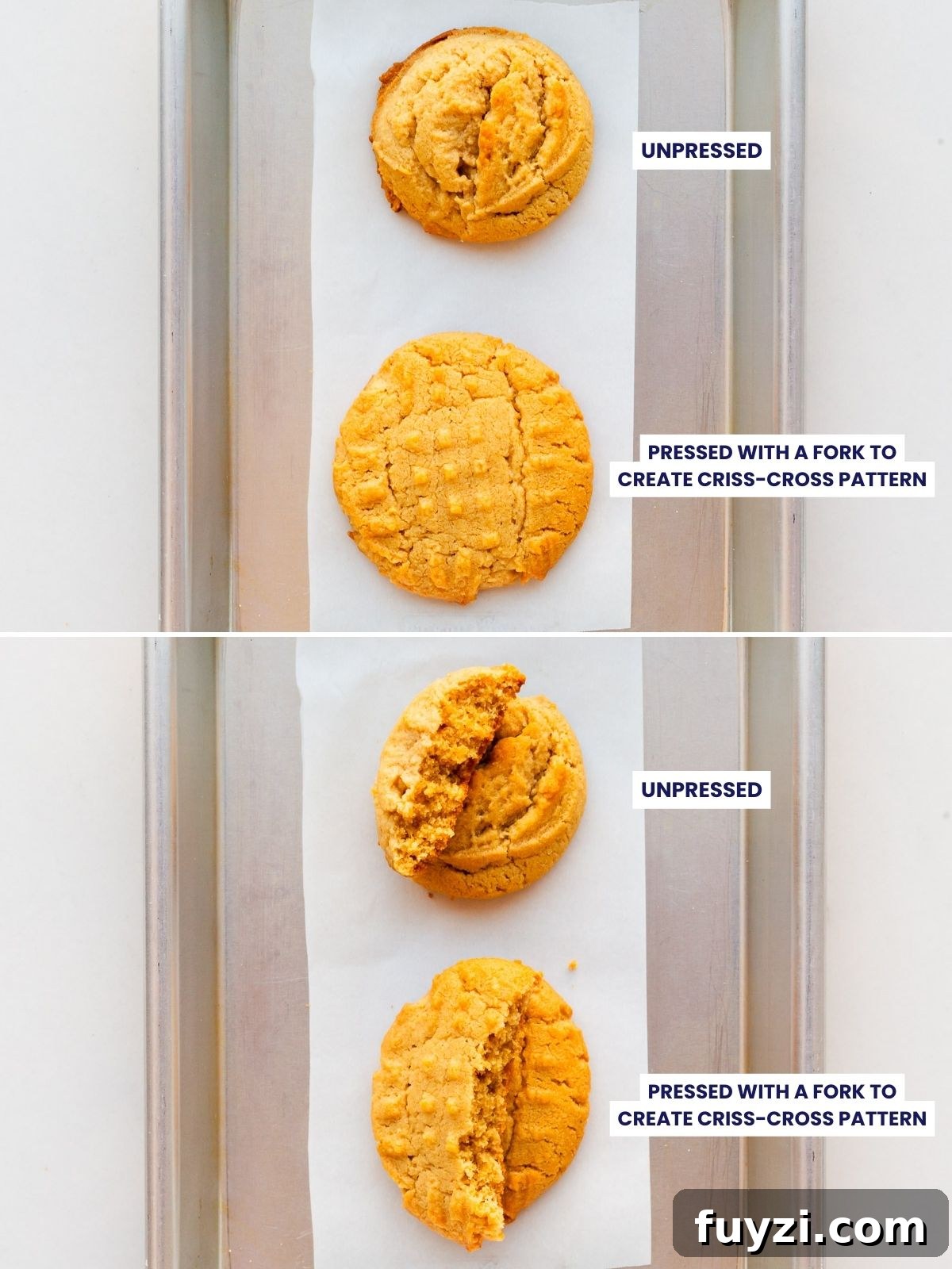 Classic Peanut Butter Cookie Recipe with Natural Peanut Butter 5 Comparing a peanut butter cookie pressed with a fork (or not) to create that criss-cross pattern. The pressed cookie bakes thinner and more spread out than the unpressed cookies.