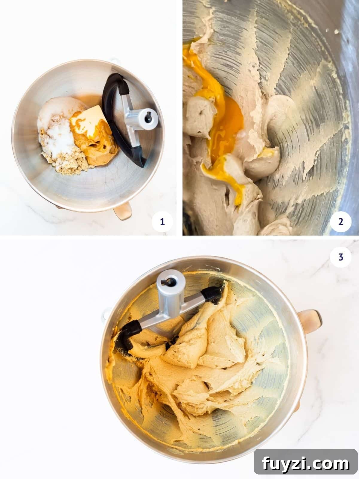 Classic Peanut Butter Cookie Recipe with Natural Peanut Butter 6 Creaming butter, peanut butter, and sugars together before adding egg and vanilla to mixer bowl to make peanut butter cookies.