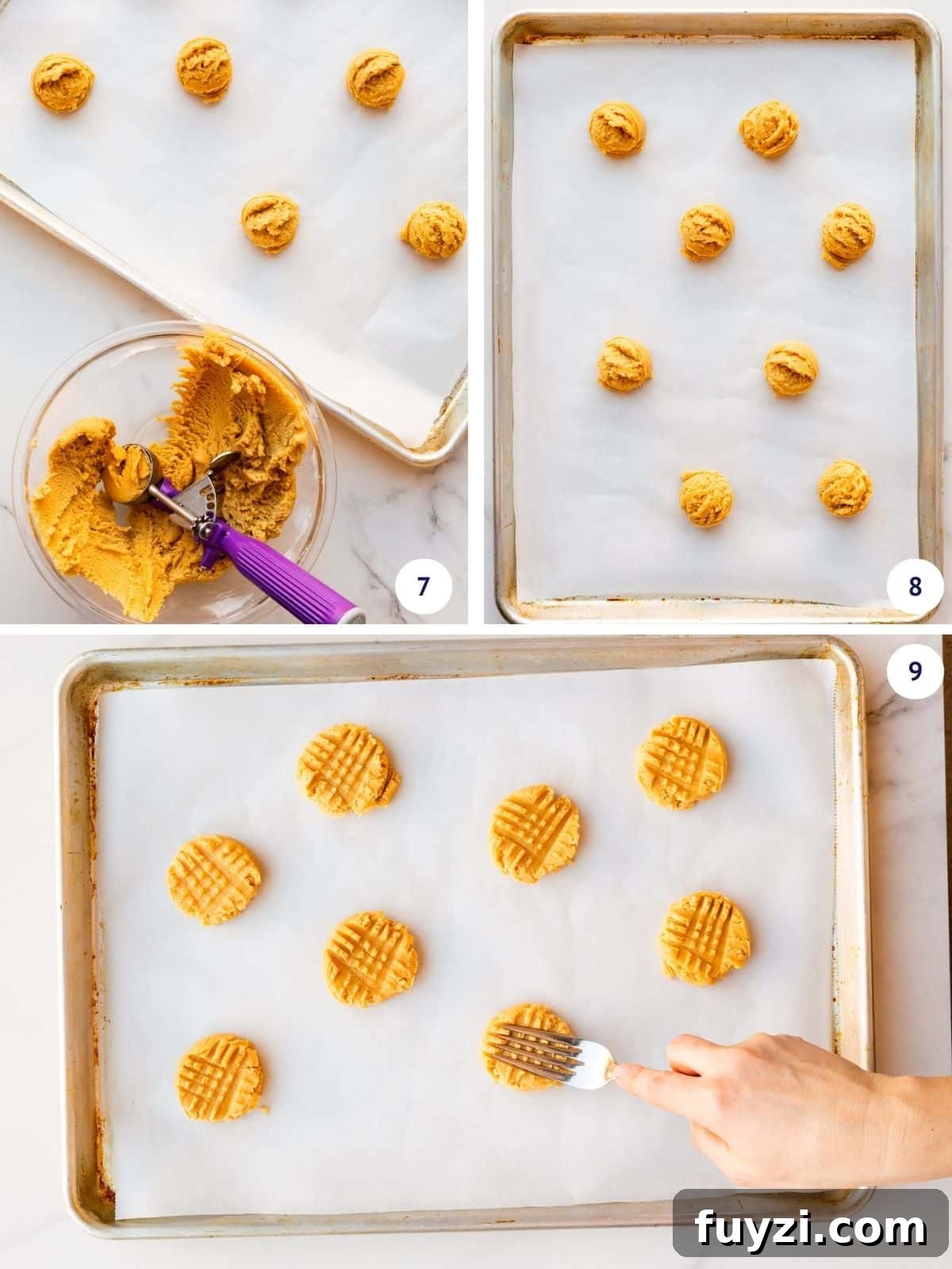 Classic Peanut Butter Cookie Recipe with Natural Peanut Butter 8 Scooping peanut butter cookie dough onto a parchment paper-lined sheet pan and pressing each scoop with a fork to create a criss-cross pattern.