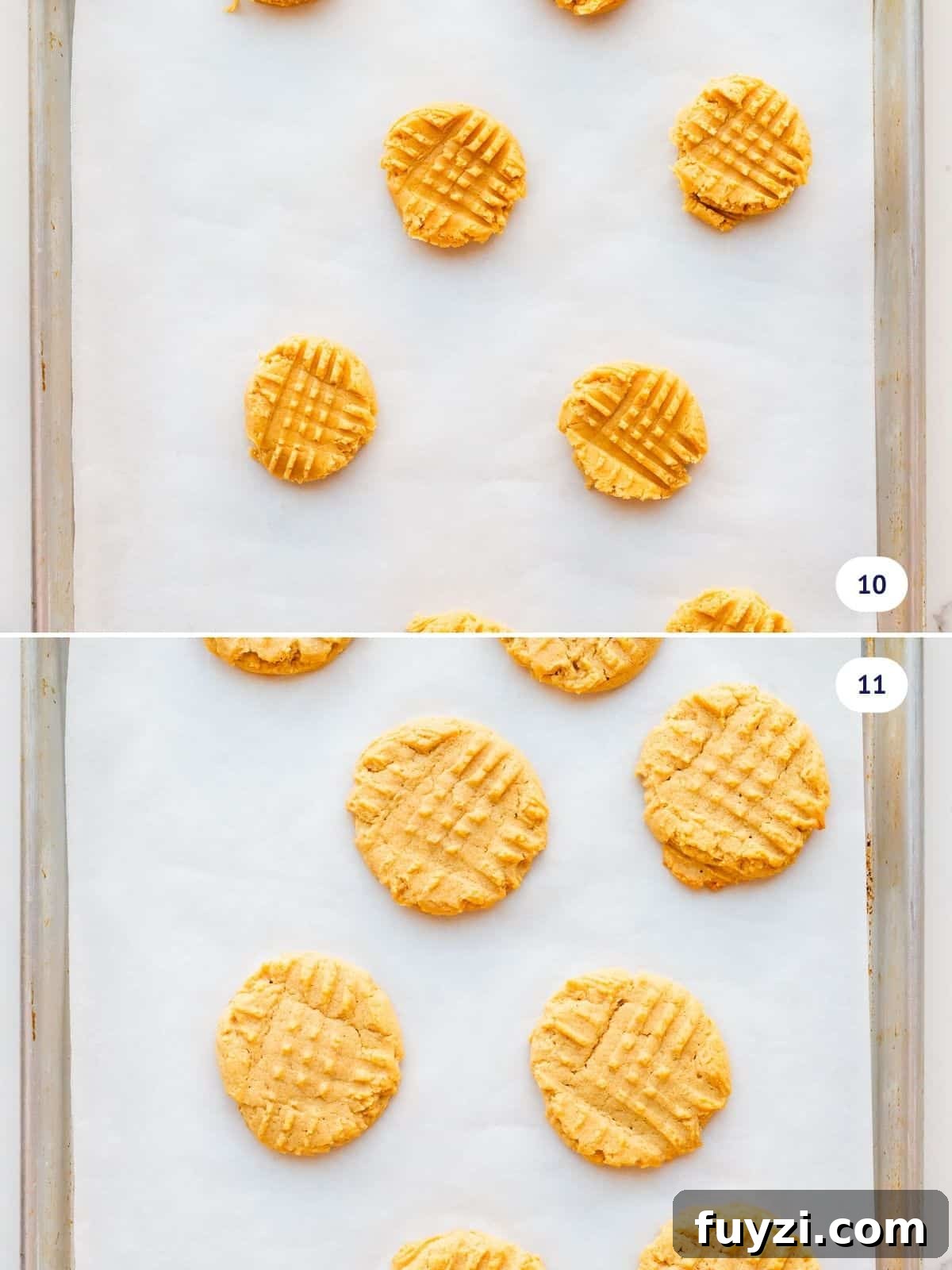 Classic Peanut Butter Cookie Recipe with Natural Peanut Butter 9 Peanut butter cookies with criss-cross fork pattern before and after baking on a parchment paper-lined sheet pan.