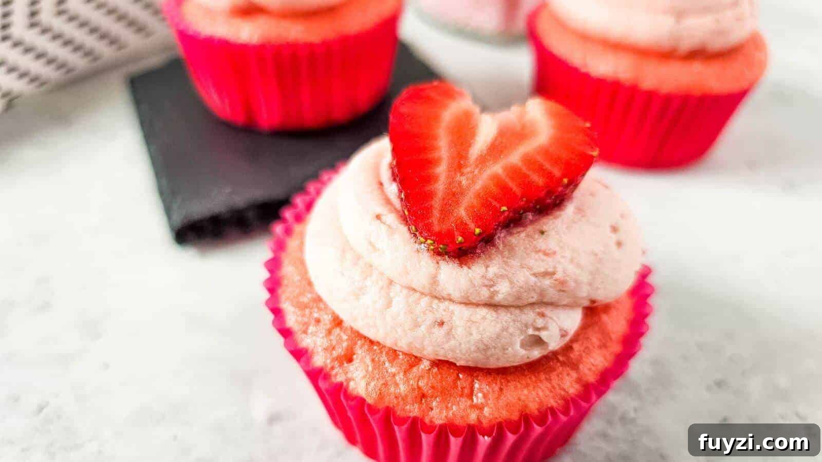 27 Crowd-Pleasing Outdoor Potluck Recipes for Late Summer 11 A strawberry cupcake with pink frosting and a sliced strawberry on top, in a pink wrapper. Two similar cupcakes are in the background.