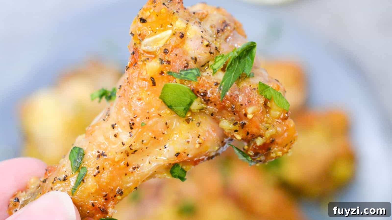 27 Crowd-Pleasing Outdoor Potluck Recipes for Late Summer 15 Close-up of a hand holding a seasoned chicken wing garnished with fresh herbs, with more pieces on a plate in the background.