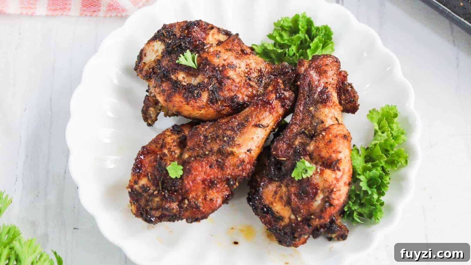 27 Crowd-Pleasing Outdoor Potluck Recipes for Late Summer 8 Three pieces of seasoned and grilled chicken are served on a white plate with sprigs of leafy green garnish.