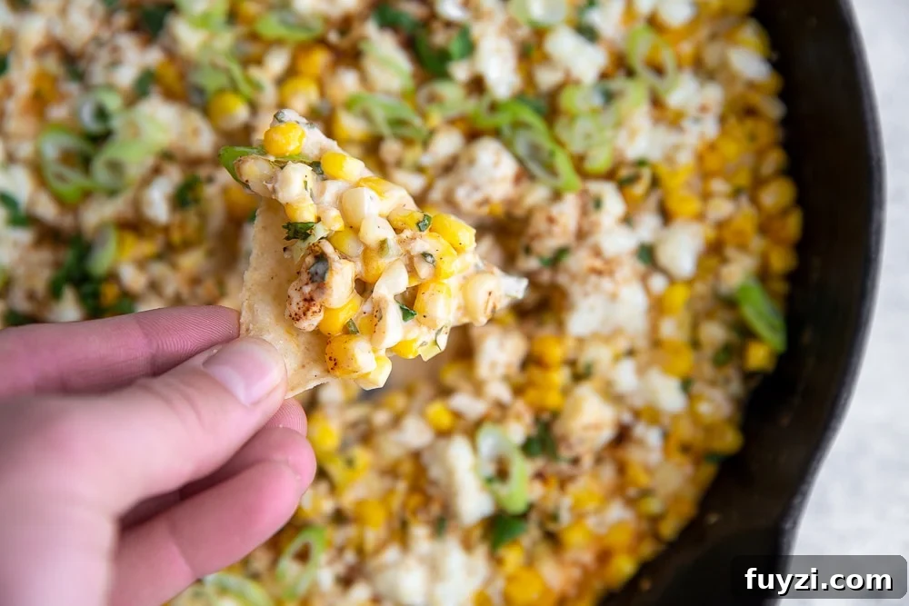 Hand holding tortilla chip topped with Mexican street corn dip.