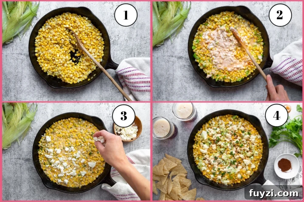 Process shot showing how to make elote dip, divided into 4 quadrants, starting with sautéing the corn, then adding the other ingredients, then topping the dip with feta and finally serving the cooked dip.