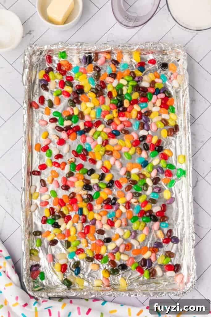 jelly beans in an aluminum lined baking sheet
