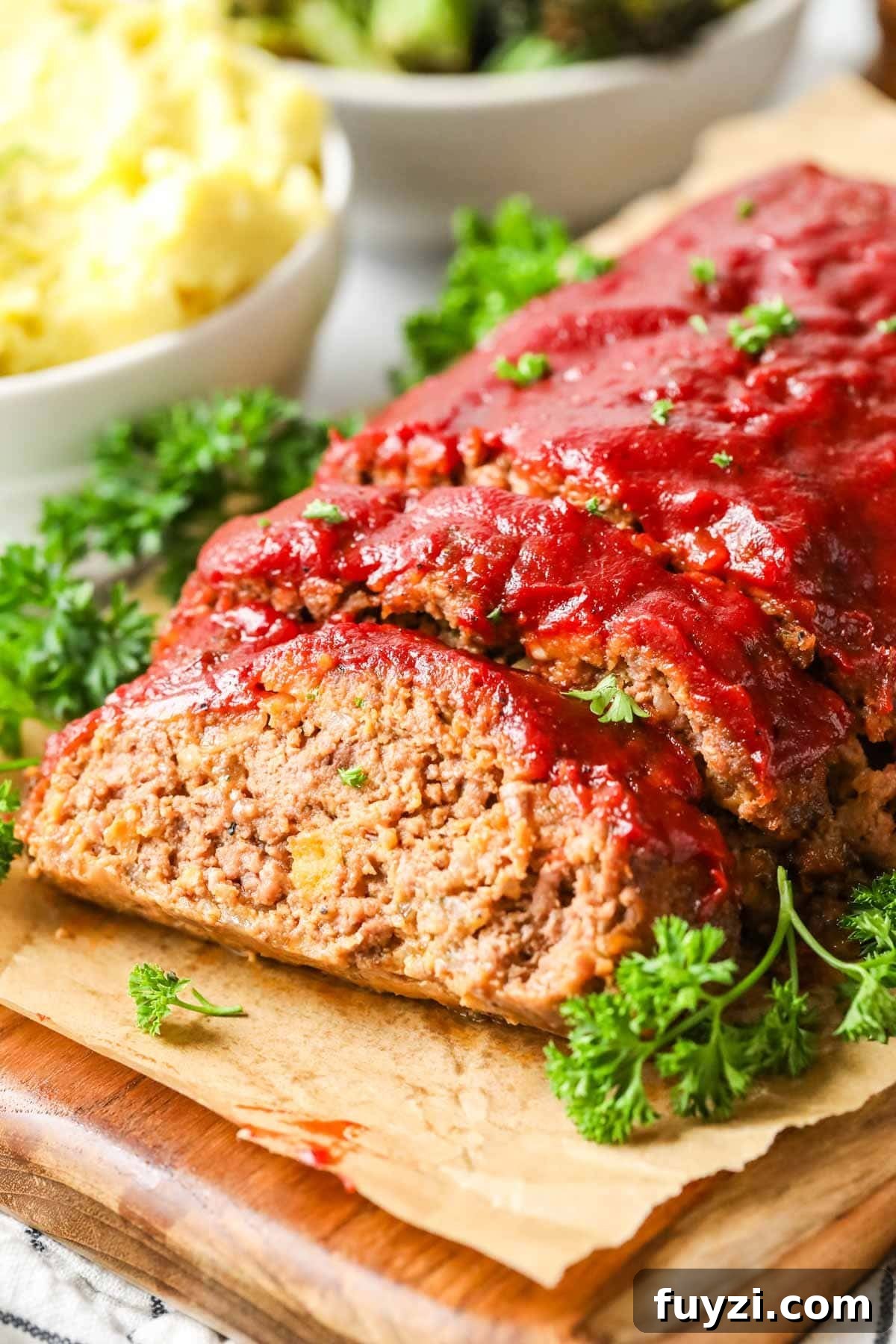 Meatloaf with one slice cut to show the interior.
