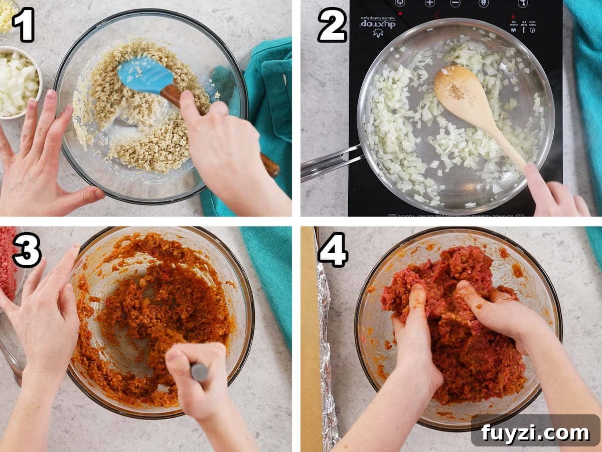 Four photos showing a meatloaf base being prepared by first making a panade and then sautéing onions and tomato paste.
